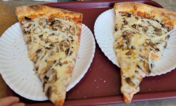 Pizza slices with mushrooms and onions