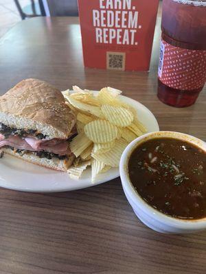 1/4 Ham & Salami Muffaletta Special (630-1060 cal) Cup Spicy Seafood Gumbo & Beverage