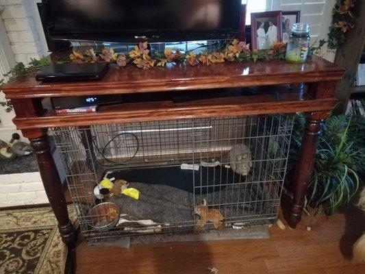 Custom built TV entertainment table to fit dog cage underneath