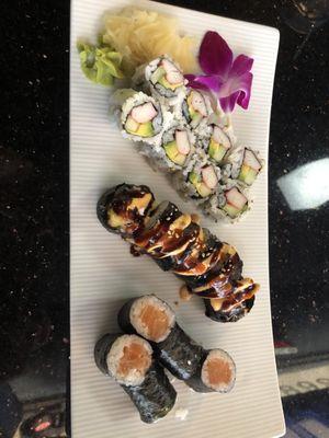 Pick 3 Lunch Roll Special : California Roll, Shrimp Tempura Roll, Salmon Roll