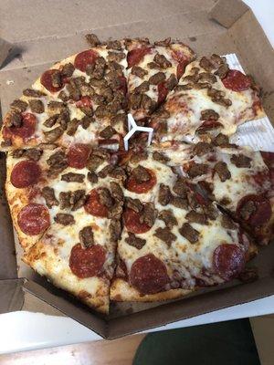 Supposed to be a large DOUBLE PEPPERONI and REGULAR Italian sausage.   Apparently they thought I ordered a sausage pizza.