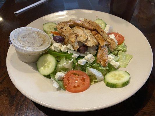 Greek salad and grilled chicken -- delicious