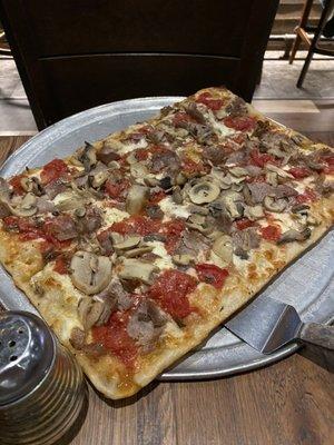 Grandma pizza with mushrooms (canned) and sausage