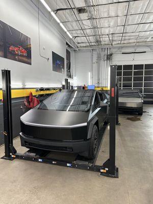 Cybertruck wrapped in Satin Black PPF for the ultimate blacked out look. We installed XPEL Nano Ceramic Film to cut the Arizona heat!