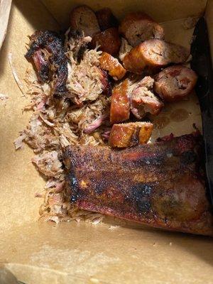 14 Hour Smoked Pork Shoulder & Baby Back Pork Ribs & Smoked Sausage Link