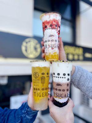 Strawberry mochi, mango sago, and taro black sugar milk tea