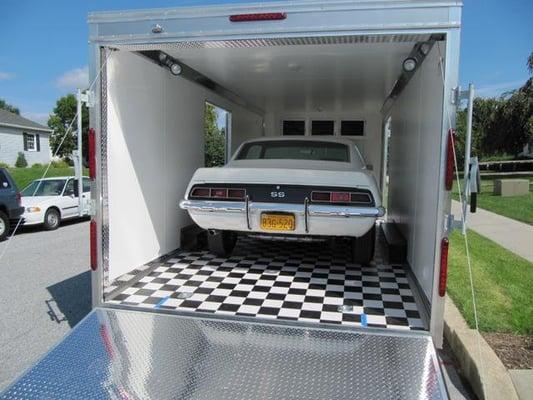 Custom Car Trailers with Checkerboard Flooring, GET OUT Side Doors and Cabinets