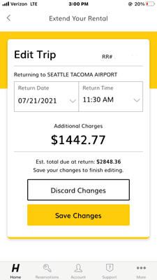 This image is of a request that i made to extend my rental.  they were going to charge an additional 1442.77  for adding one extra day.