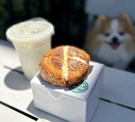 Garlic Cream Cheese Croissant ($8) + Cracked Matcha Latte ($6)