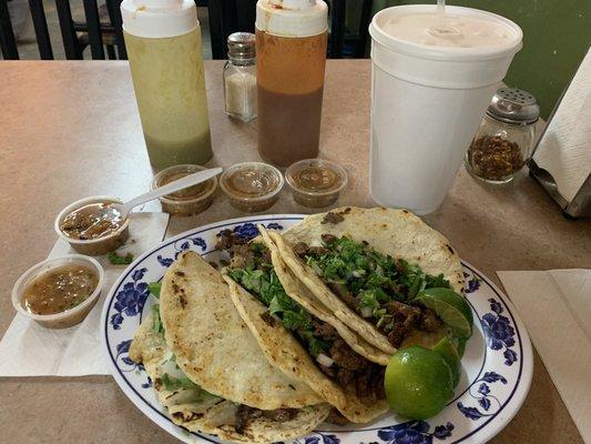 3 tacos and large horchata $11