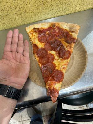 Pepperoni slice with my hand as comparison