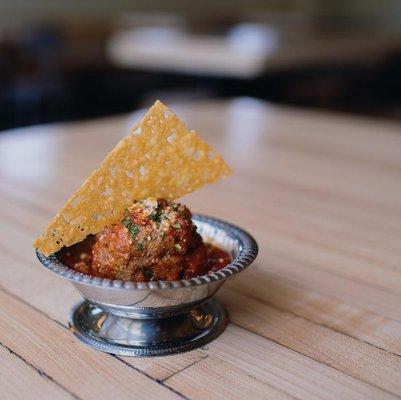 Meatball with Parmesan crisp, happy hour special at White Pie in Denver