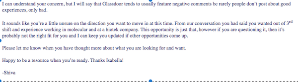 I hate recruiters. She's only concerned for her bottom line, NOT prospective recruits!