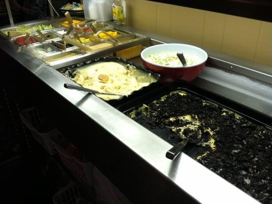 salad bar on far left. Cold desserts on right.