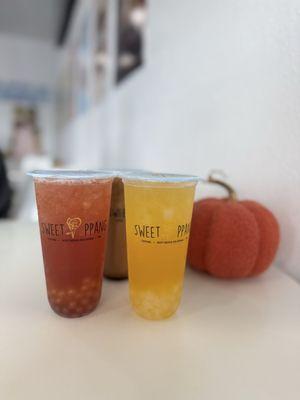 Lychee peach with lychee jelly (right)