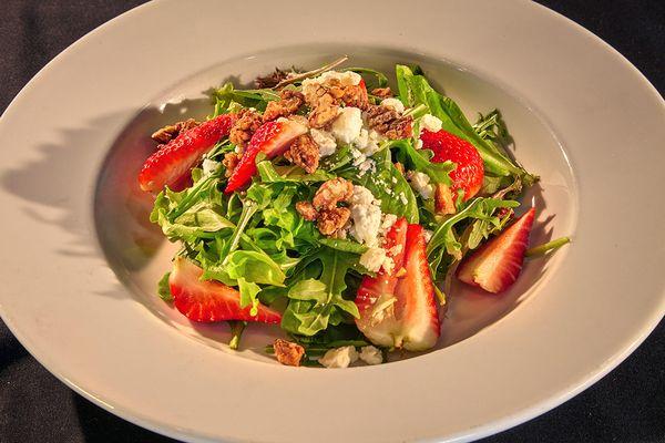 STRAWBERRY FIELDS Locally harvested Arkansas Strawberries, Mixed Baby Greens, Arugula and Spinach, Candied Pecans, dressed with a Lemon, Fet