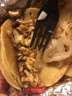 Terrible chicken tacos with scraps of dried chicken. I'll never order from there again!