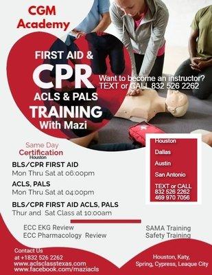 We offer CPR BLS, CPR First Aid AED, ACLS and PALS classes. We also offer instructor classes. To get class schedules TEXT or CALL 8329813334