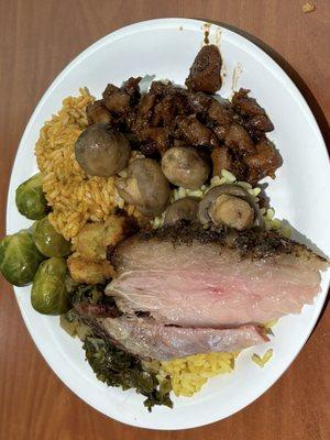 Roast beef, brussel sprouts, rice, bourbon chicken