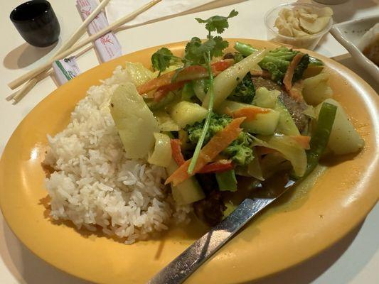 Pitoon: Slow braised duck in yellow curry w/ potatoes, carrots, onions, zucchini, broccoli, red & green bell peppers, cilantro, white rice