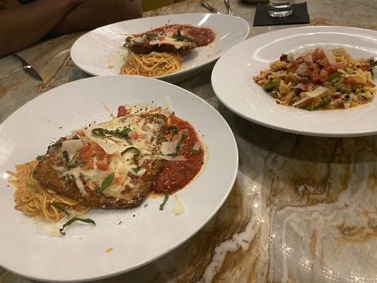 L-r eggplant parm, chicken parm n lobster risotto