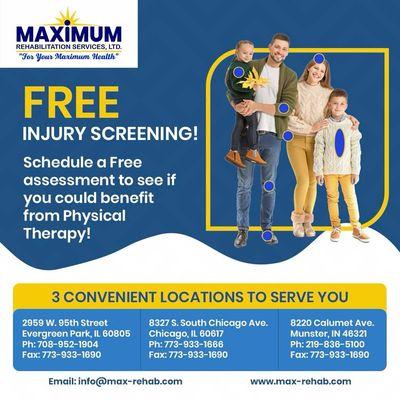 Free Injury Screening!
Schedule a Free Assessment to see if you Could Benefit from Physical Therapy!