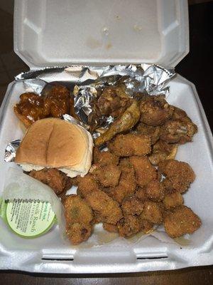 Honey hot and seasoned wings with fried okra