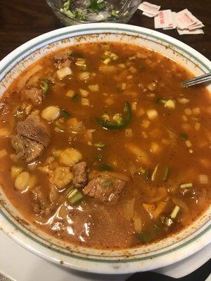 Pozole ... tender pork- hominy still firm ... very good !!