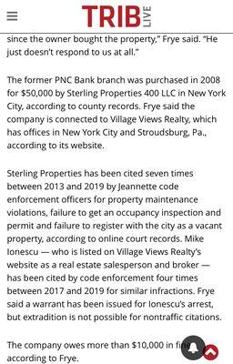 Mike Ionescu--owner of Village Views--owes over $10K due to code violations, and has a warrant out for his arrest. Source: tribLIVE