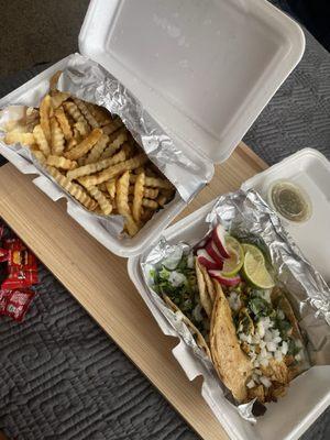 2 chicken tacos  side fries