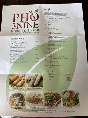 Front page of the menu