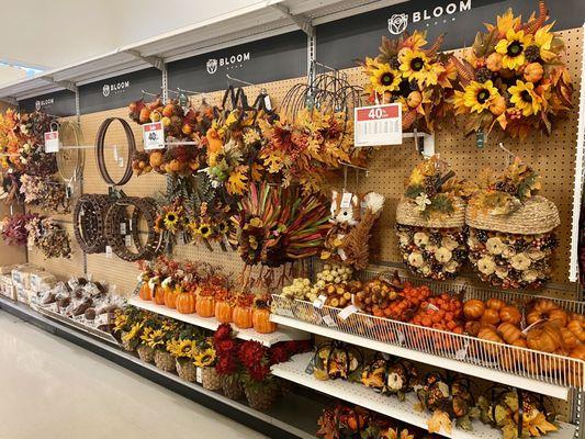 Fall floral wreaths, pumpkins, and more