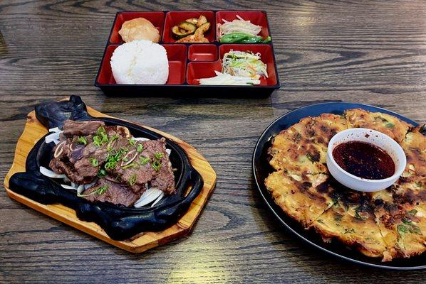 Top: Bento Box full of Sides            Bottom  (L to R): Galbi Platter, Seafood Pancake