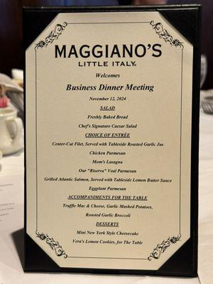 Business Dinner Menu