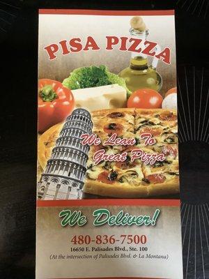 Cover of the take home menu.