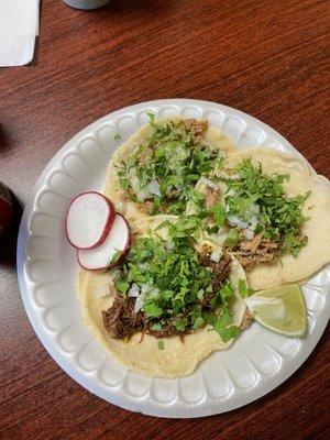 2 carnitas & 1 Barbacoa taco