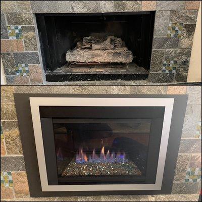 New Regency gas insert with custom backing plate for both heat and ambience.