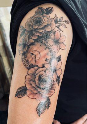 Flower and clock tattoo second image