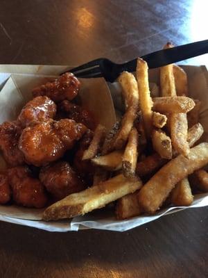 Boneless wings with buffalo sauce and side of fries. ~$9