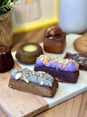 Black sesame creme financier and ube creme financier