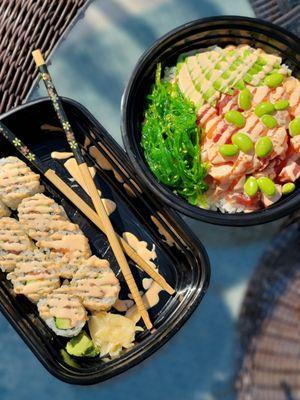 Spicy salmon + avocado roll and spicy salmon + tuna poke bowl!  So fresh!