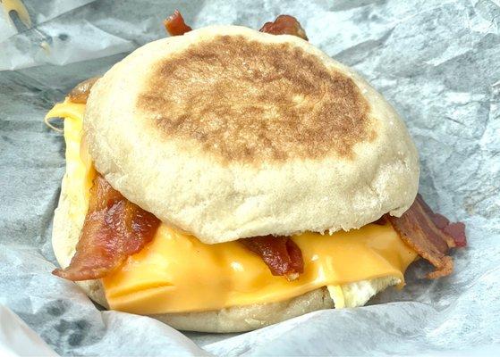 Bacon, egg, & cheese on an English muffin.