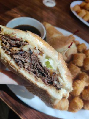 French Dip with mushrooms, onions and peppers and Cajun tots! Really impressed, tastes great!