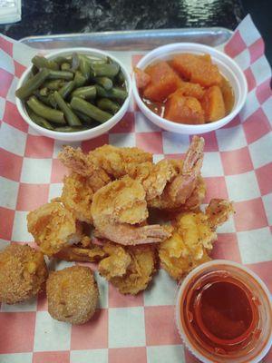 Shrimp dinner with green beans and yams