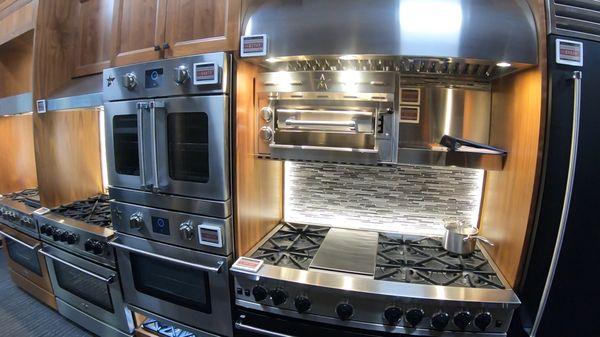 BlueStar Display with French Door Wall Oven, Open Burner 48" Platinum Series Range and Built-In Salamander