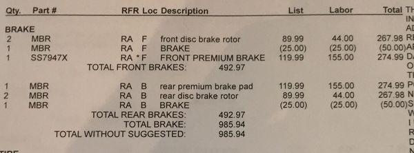 Quote for a brake job I didn't need and won't need for another 30-35k miles!!!! Don't trust these guys!