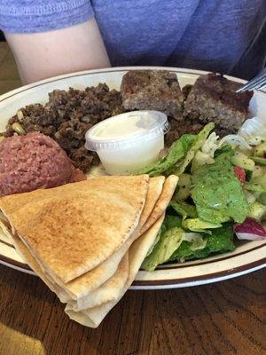 Kibbee combo raw, ground & baked with Lebanese salad.and garlic sauce