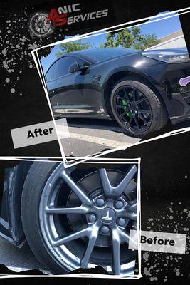 Tesla with Sports Makeover Package- Gloss Black Wheels and Green Callipers