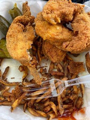 Steak fish and shoe string fries