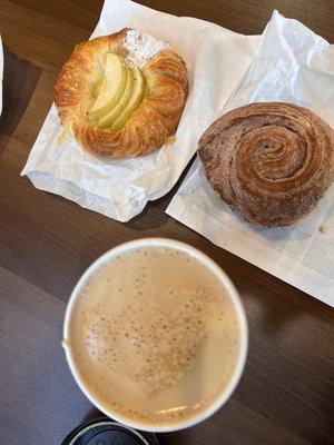 Apple Danish, Cinnamon Roll and Honey Bee Mine Latte